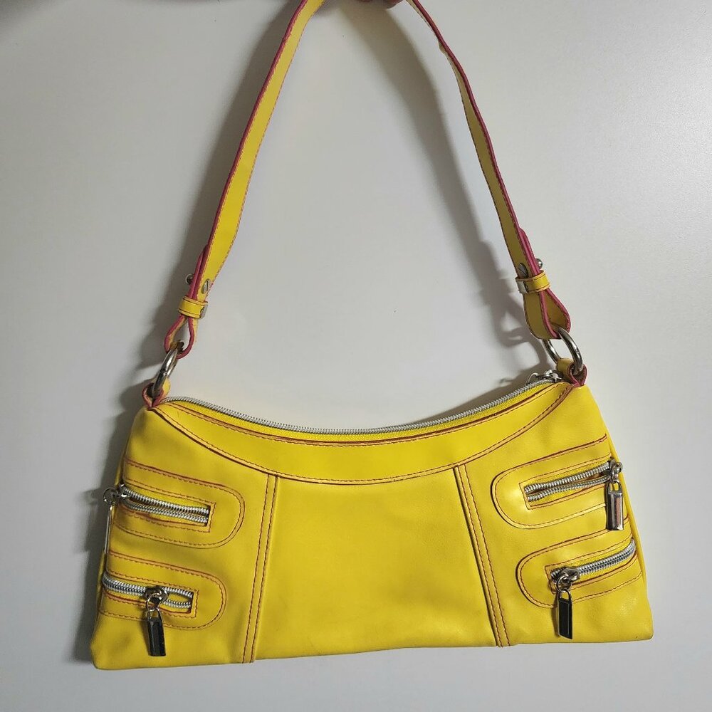Yellow & Pink Faux Leather Handbag – 13.5" Wide – Modern Zip Purse with Strap...